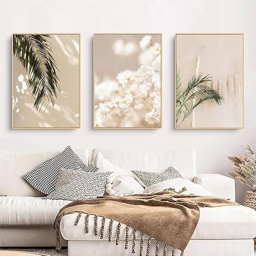 Moderne Kunst Dekoration Malerei, Bohemian Stil Beige Pflanze Blume Natürliche Dekoration Plakat, Wohnzimmer Hintergrund Wand Druck Malerei, Rahmenlos (A 2,40x60cm*3)