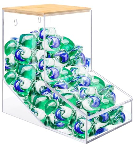 JYPS Laundry Pods Container, Acrylic Dishwasher Pods Holder w/ 2 Lids, Dispenser For Powder, Dryer Balls, Beads, Soap Organizer For Room Desktop / Wall Mount, Snack Candy Organization Storage