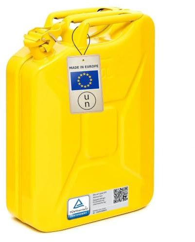 BW® Benzinkanister Metall 20 Liter - Kraftstoffkanister Gelb - RAL 1018 - TÜV-geprüft und UN-Zulassung - 0,9mm Stahl nach DIN 7274 für Benzin Diesel E10 2-Takt - Made in Europe