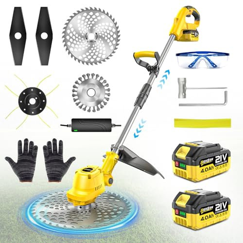 Rasentrimmer mit Akku, highsam 9 Bürstenlose Freischneider mit 2x4.0AH Batterie und Unkrautbürste, Trimmer Garten mit 4 Klingentypen, Elektro Motorsense Teleskopische Verstellung für Rasen Garten