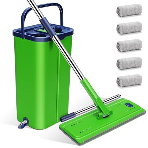 Mop and Bucket Set, Myiosus Flat Mop and Bucket with 5 Microfiber Pads, 360° Rotating Mop Head & Adjustable Stainless Steel Handle, Hands-Free Floor Mop for Hardwood, Laminate, Tile, Marble Floors