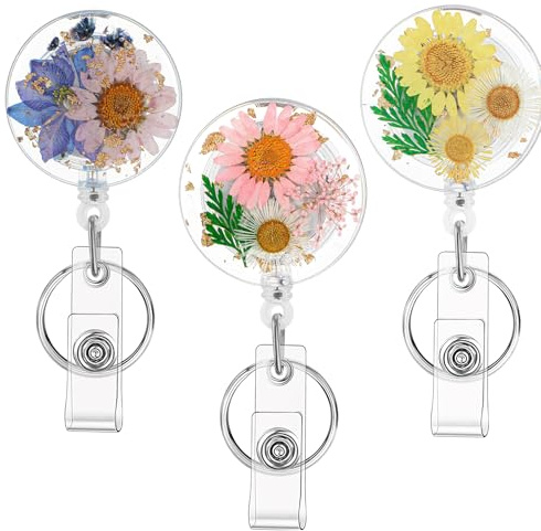 3Pcs Retractable Badge Reel Clip, Dried Flower Badge Reel Nurse ID Badges Holder with Key Ring, Cute Convenient Badges Clips Retractable for Nurse, Doctor, Teacher, Office Worker