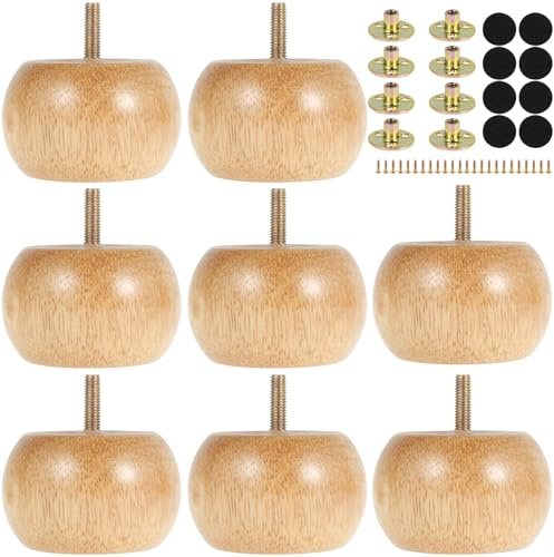 LuLobtg 5cm wood furniture legs, 8PCS wooden sofa Feet，Replacement Set for cabinet， Round Bun Feet with Screw for Couch, Beds and Tables