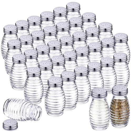 Bokon 48 Pack Glass Salt Shaker Bulk with Stainless Lids Tops 2.7oz Small Spice Shaker for Kitchen Restaurants and Catering Wedding Party Supplies(Silver Horizontal Stripes)