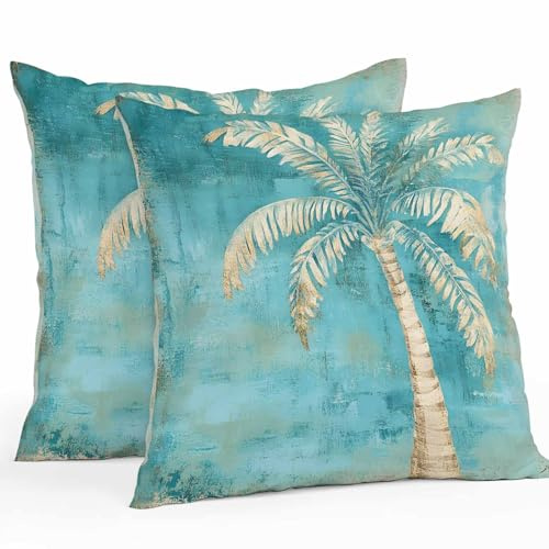Lsrtoss Coastal Beach Tree Green Outdoor Waterproof Pillow Covers, Vintage Tropical Flower Plant Decorative Square Throw Pillowcase Sofa Cushion Sham for Patio/Couch/Chair, 20x20 2 Pack
