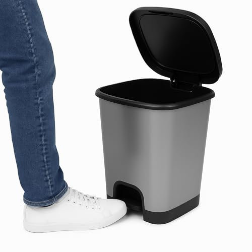 TECHZOCO Cubo basura plástico, Cubo basura apertura pedal, Papelera de pedal, cubo de Pedal, Basura para oficina, Libre BPA, 45 cm alto x 38 cm ancho x 32 cm fondo, Capacidad 27 Litros, Gris/Negro