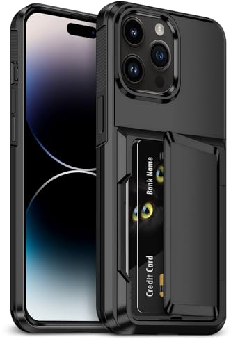 Aolcev for iPhone 14 Pro Case with Card Holder [Max 4 Cards] Heavy Duty Protective Shockproof Dual Layer Hard PC Soft TPU Bumper Hidden Card Slot Wallet Case Cover for iPhone 14 Pro Phone Case-Black
