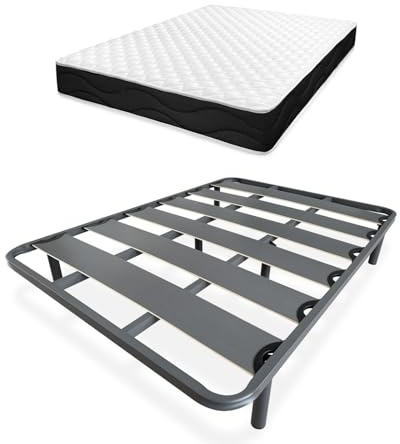 Homey - Cama Completa con Colchón Sleep Pro Reversible + Somier de Láminas Reforzado con 6 Patas Cilíndricas Metálicas Roscadas, 135 x 190