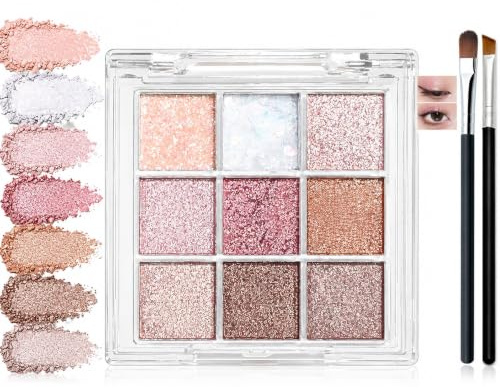 9-Colour Shimmer Eyeshadow Palette, Pink, Rose, Champagne, 2 Brushes | Rounded and angled applicators, black handles, silver-toned ferrules, compact case, for evening and celebration eye looks