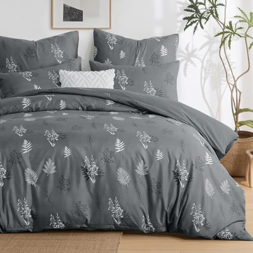 Aisbo Bettwäsche 200x220 Blumen Bettbezug - 3teilig Mikrofaser Bettwäsche-Sets Floral und Blätter Muster Grau mit Reißverschluss, ÖKO-TEX Bettdeckenbezug 220x200cm mit 2 Kissenbezüge 80x80cm