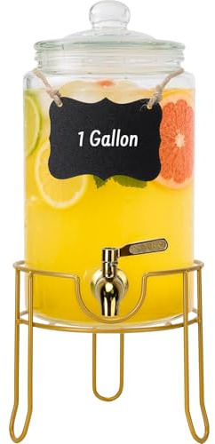 DHSBTLS 1 Gallon Glass Drink Dispensers, Round Beverage Dispenser for Party, BBQ and Picnic, Clear Airtight Juice Dispenser with Golden Stand, Stainless Steel Spigot, Markers and Chalkboard