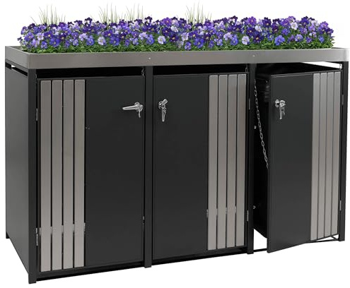 Mendler 3er-Mülltonnenverkleidung HWC-O67 - anthrazit Edelstahl | Mülltonnenbox, mit Pflanzkasten, Metall, 125x196x84cm, 75kg