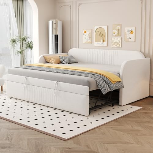 Dolamaní Schlafsofa 90/180x190 cm mit gästebett, Ausziehbett gleiche höhe, Bett Ausziehbar zum Doppelbett, Leinenstoff, Ohne Matratze (Beige B)