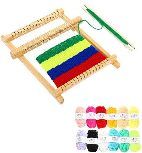 HSHEMBER 13PCS Weaving Loom, Weaving Kit, Weaving and Loom Craft Set with Natural Wood Frame, Multiple Color Yarns and Complete Tools for Beginners and Craft Enthusiasts
