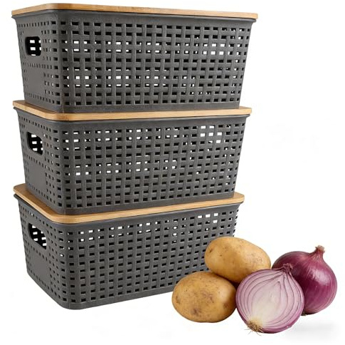 Hynorian Kartoffelbox 3er Set stapelbar mit Bambusdeckel und Griff
