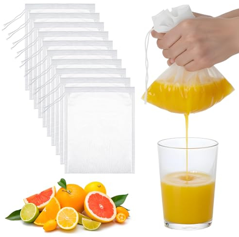 XLIUAX 10er Pack Nussmilchbeutel, Wiederverwendbare Nylon-Siebbeutel, 20 × 15 cm Weiße 200 Feinmaschige Zugbeutel für Weinfilter Fruchtsaft Kaffee Tee Joghurt Passiertuch Cheesecloth Käsetuch