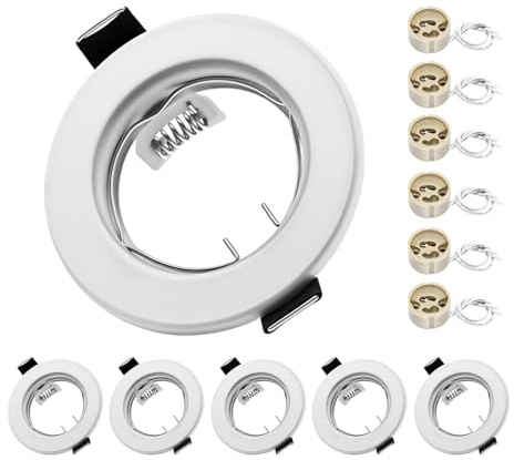 Cornice Faretti LED da Incasso per Cartongesso, Kit Completo con Portalampade GU10 Inclusi - Cornice Rotonda Bianca, Diametro Foro 55-70mm, Compatibile con Faretti Alogeni/LED 50mm, Set di 6 Pezzi