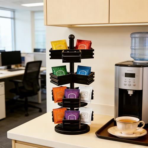 Organizador de bolsas de té de bambú, 3 niveles, 360 ˚, soporte giratorio para bolsas de té, cajas de té para bolsas de té con 9 compartimentos, estante de té de pie, almacenamiento para té suelto
