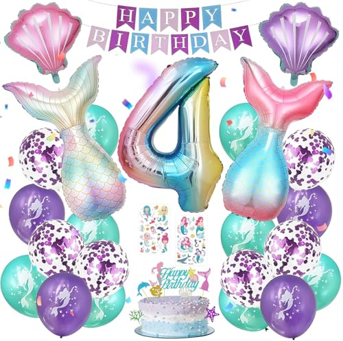 Meerjungfrau Luftballons Set, Geburtstag Deko für Mädchen 4 Jahre