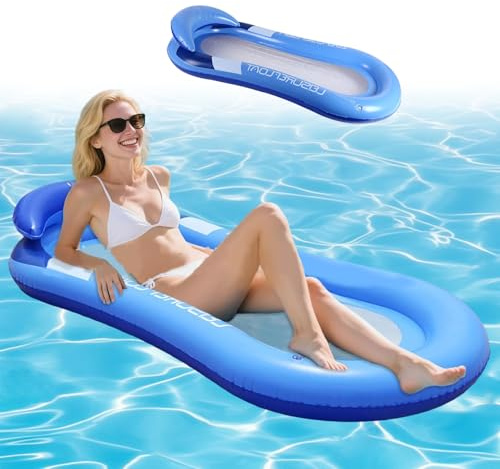 Wasserhängematte mit Netz – Aufblasbare Schwimmliege mit Kopfstütze, Luftmatratze Pool Erwachsene 150x70 cm, Pool Liege Erwachsene für Schwimmbad, See & Strand, Pool Zubehör für Sommer
