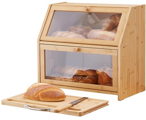 MOZTBH Panera de bambú de 2 niveles con tabla de cortar, ventana acrílica frontal, para encimeras de cocina, ahorra espacio, 42 x 25 x 40cm, Solo con cuchillo, natural-A