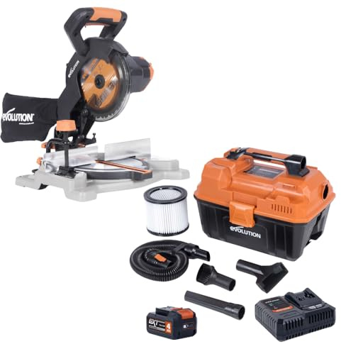 Evolution Power Tools, R185CMS-Li Bare Cordless Mitre Saw Multi-Material Cutting, Cuts Wood with Nails, Metal, Plastic & More & R11VAC Loaded Vacuum Cleaner Wet and Dry Vac Battery & Charger Included