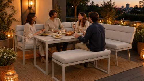 Koll Living Outdoor Lounge-Set Celia | Modernes Gartenmöbel Set in Beige | Wetterfest & UV-beständig | robuste Stahlkonstruktion | Gartenlounge mit Eckbank, Sitzbank & Tisch
