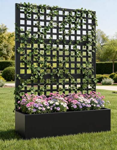 Pflanzkasten Mit Sichtschutz, Metall Blumenkasten Mit Spalier, Hochbeet Mit Rankgitter & Rollen & Drainageloch, Pflanzkübel Hoch 183x119x45cm Für Garten, Balkon Und Terrasse, Schwarz-A
