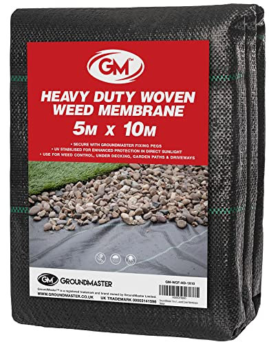 GroundMaster 5m x 10m Heavy-Duty Weed Control Membrane Woven Polypropylene Ground Cover Fabric for Gardens, Landscaping, Driveways and Patios - Easy Install Weed Membrane with Water Permeable Barrier