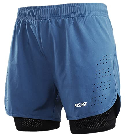 ARSUXEO löparshorts för män, gymshorts med kompressionsshorts 2-i-1 löparshorts för träning, fotboll, basket, BLÅ, S