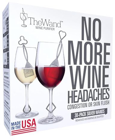 PureWine The Wand Wine Purifier - Red & White Wine Filters for Histamines & Sulfites, Sulfite Remover Sticks, Helps Allergies & Headaches, Gift Accessories for Women & Men - 30 Wands, Silver