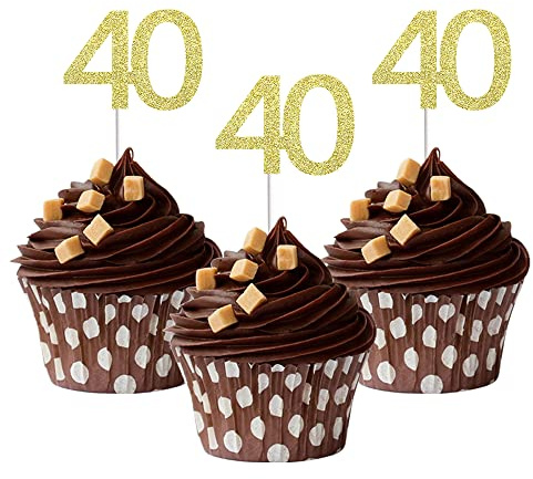 Sumerk 24PCS 40 Cupcake toppers Gold Glitter 40th Birthday Cupcake Picks Anniversary Party Decorations