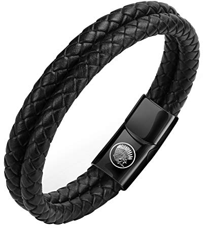 Casisto.J Lederarmband Herren Armband Herren Männer Leder Edelstahl Gravur Schwarz Geflochten mit Magnet Verschluss