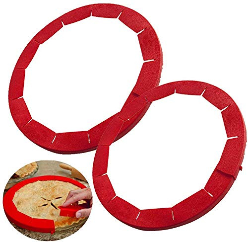 DUBENS 2 Pack Pie Crust Sign Adjustable Protector BPA Free Food Safe Silicone Protection, Fits Any Size 8 to 11.5 Inches Including Rimmed Dishes, Red