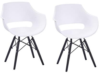 SAM 2er Set Schalenstuhl Lea in Weiß, Sitzschale aus Kunststoff | ergonomisch geformte Sitzschale aus Kunststoff, bequemer Esszimmerstuhl im Retro-Design, schwarzes Holzgestell