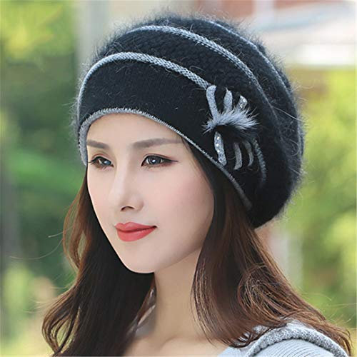 Renost Angora Beret Frauen Winter Strick Mütze Warm Flower Strass Double Layers Hut Black