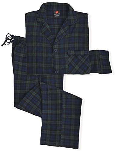 Hanes Men's 100% Cotton Flannel Plaid Pajama Top and Pant Set, Blackwatch Plaid, M