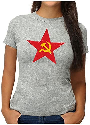 OM3® Retro Soviet-Star T-Shirt - Damen - UDSSR Hammer und Sichel - M, Grau Meliert