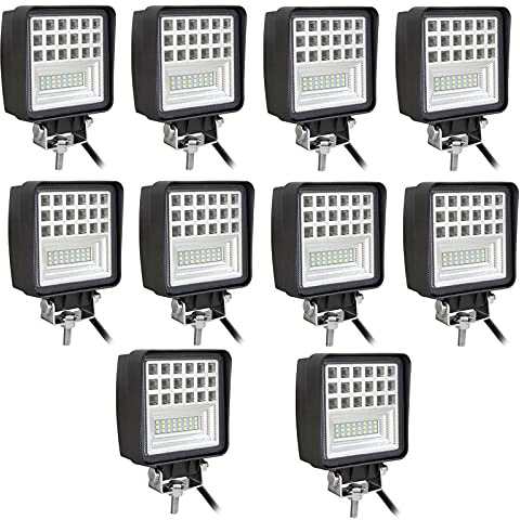 PICAA 10PCS 126W 4 pulgadas LED Luz de trabajo Cuadrado Flood Spot Faros de trabajo Lámpara de campo a través Vainas de luces para camión Tractor SUV UTV ATV 12-24V 6000K IP67