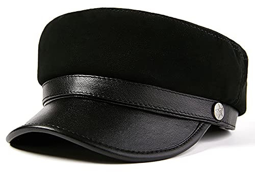 WHSPORT Damen Ballonmütze aus Echtem Leder Navy Hut Baker Boy Cabbie Cap Fashion Damen Mädchen Beret (Color : Black, Size : 55-56)