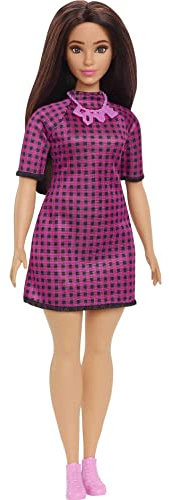 Barbie Fashionistas Puppe, Langen braunen Haaren, Kariertes Kleid, Liebeskette, rosa Schuhe, inkl. Barbiepuppe, Geschenk für Kinder, Spielzeug ab 3 Jahre,HBV20