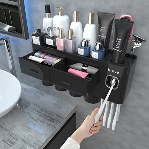 iHave Zahnbürstenhalter, Badezimmer Organizer Zahnbürstenhalter Wand mit Zahnpastaspender, 4 Becher, Schublade, großer Kapazität Zahnbürsten Organizer Badezimmer Deko in Schwarz