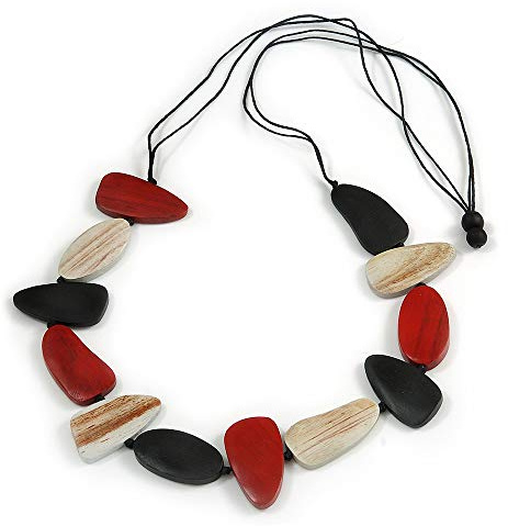 Avalaya Geometric Melange Red/White/Black Wood Bead Black Cotton Cord Necklace - 94cm L (Max Length) Adjustable
