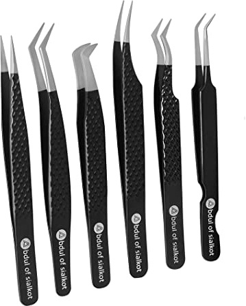Abdul of Silakor Lot de 6 pinces à épiler en acier inoxydable pour extensions de cils volumineuses et extensions de cils classiques (Noir)
