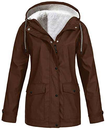 Damen-Regenmantel aus solidem Plüsch, für den Außenbereich, Übergröße, mit Kapuze, winddicht, Jacke, Winter, braun, 50