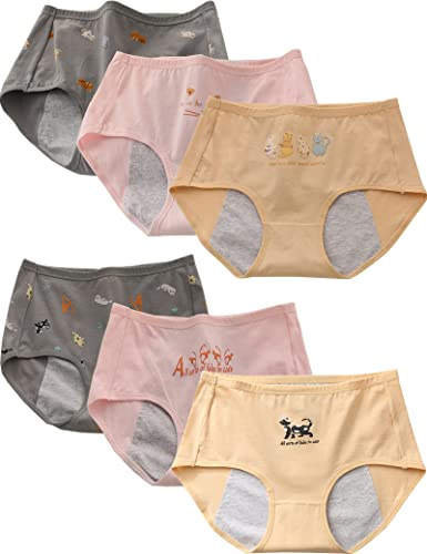 Kiench Mädchen Perioden Unterwäsche Baumwolle Menstruation-Slips 6er-Pack | Teenager Perioden-Unterhosen Leichte und Mittlere Blutung Wiederverwendbare Atmungsaktiv Menstruation Unterwäsche mit Motiv
