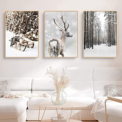 TROYSINC 3er Premium Poster Set, Winter Bilder, Elch, Holzhaus, Wald Wandkunst Wandbilder, Leinwand Drucke Wohnzimmer Bilder Modern Wanddeko Bilder, Kein Rahmen (B,30x40cm)
