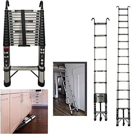4M/14.4FT Telescopic Ladder DIY Steel Folding Extendable Extension Ladder, Slow-Close Multi Purpose, 12 Steps, Load Capacity 150kg, Reliable Non-Slip Ladder