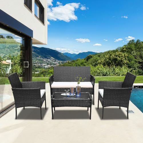Jopassy Juego de Muebles de balcón, 4 Piezas, Incluye cojín y Mesa, polirratán, Muebles de terraza, Exteriores, para balcón, Color Negro