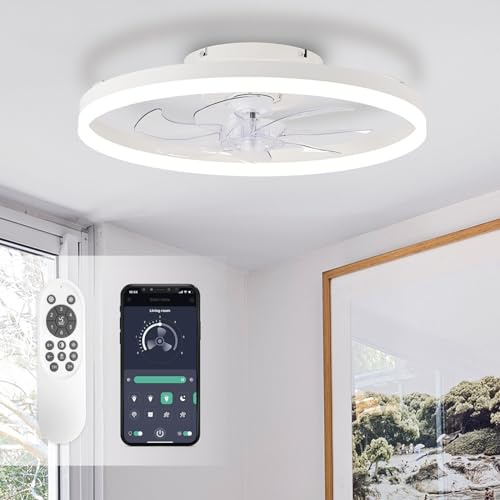 STERREN Ceiling Fans with Lights,20 Low Profile Ceiling Fan with Remote Control, Modern Flush Mount Ceiling Fan,White Fan Light for Bedroom, Living Room,Kitchen,Small LED Ceiling Light Fixture